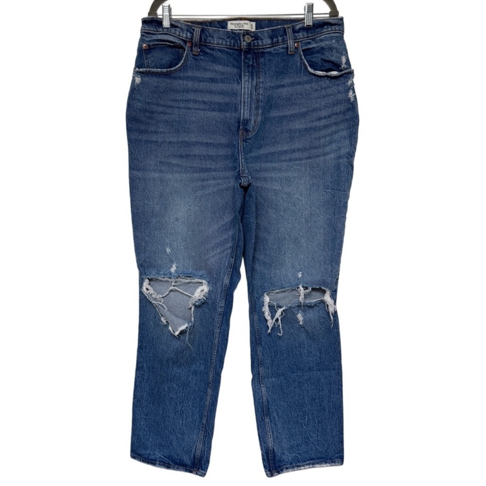 {A&F} "The '90s Straight Ultra High Rise" Curve Love Distress Stretch Denim
